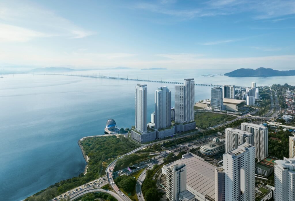Artist's impression: aerial view of the Gelugor waterfront, Penang, with The Lighthauz and the Penang Bridge
