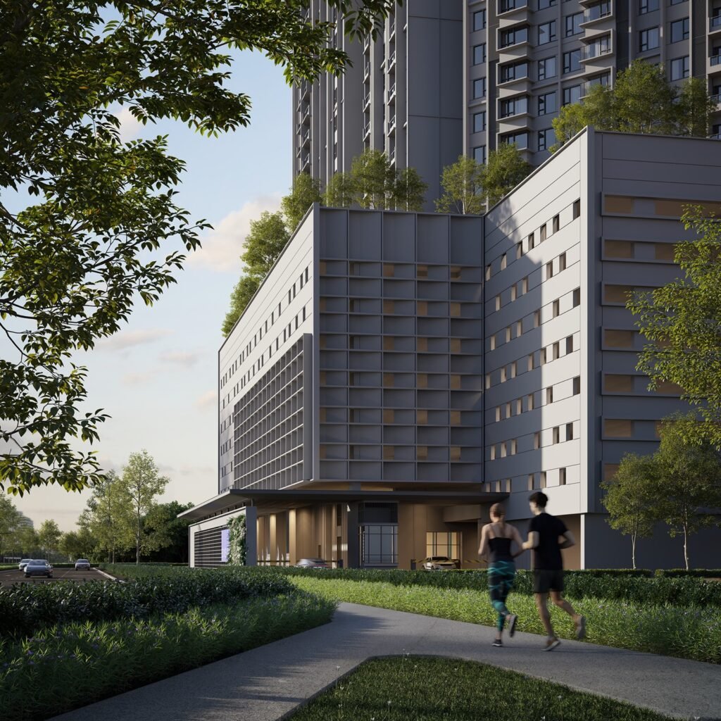 Artist's impression of The Lighthauz podium and landscaped jogging path