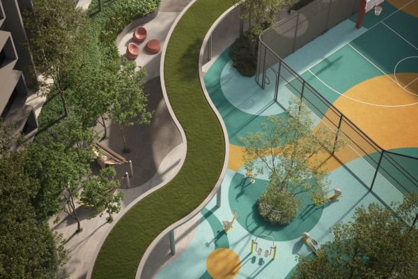 Artist's impression of The Lighthauz landscaped deck and play court, seen from above