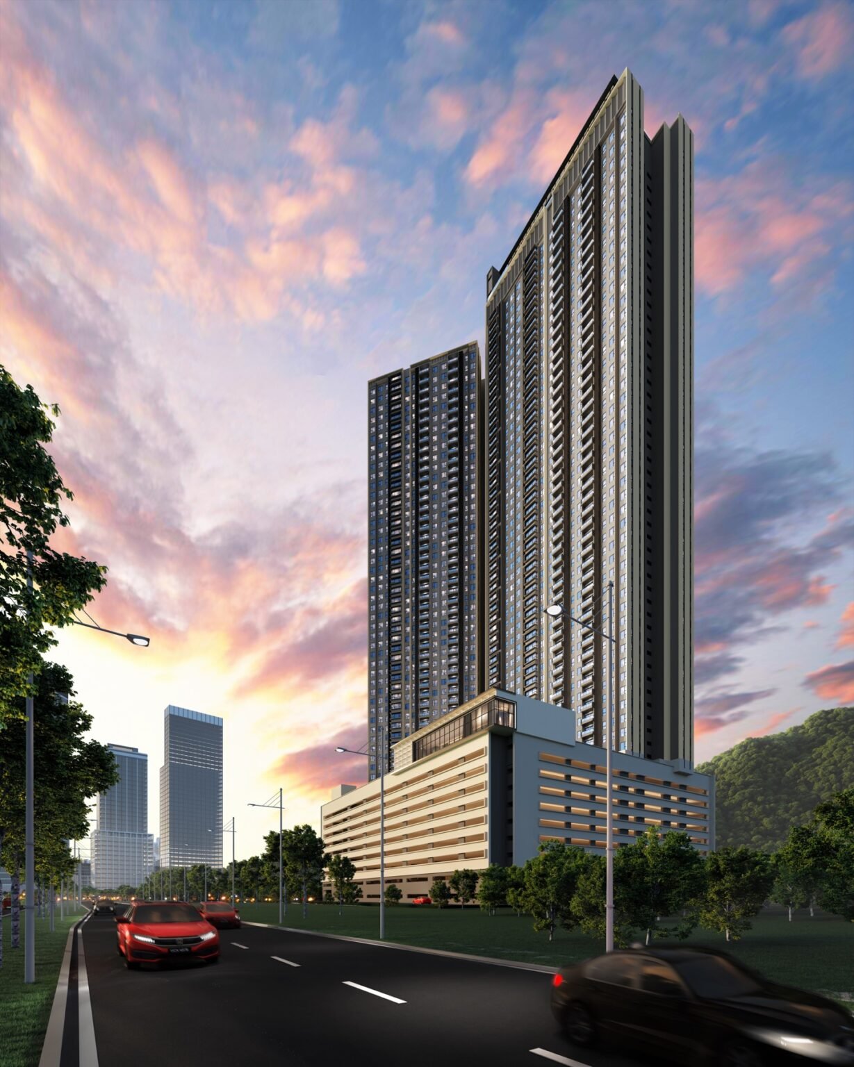 Artist's impression of The Lighthauz tower in Gelugor, Penang, at dusk