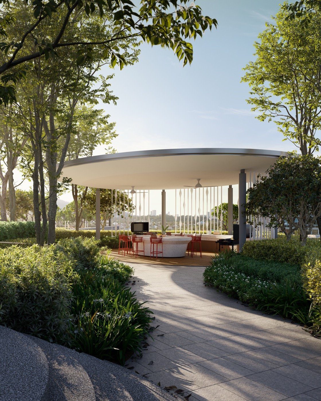Artist's impression of The Lighthauz grill bar pavilion in a garden setting