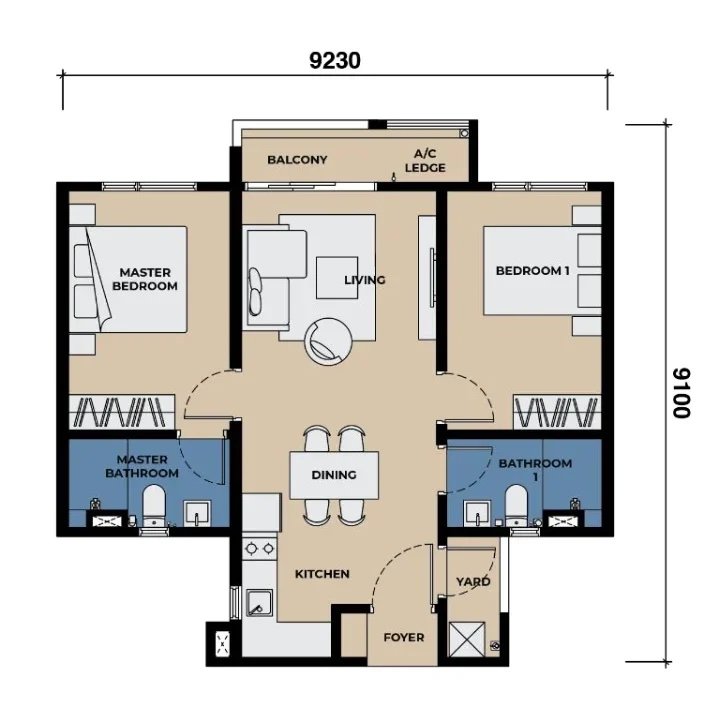 The Lighthauz Type A floor plan — 2-bedroom 732 sqft, Gelugor Penang