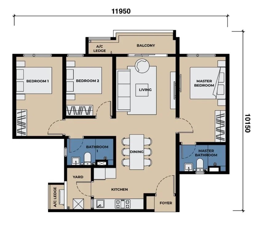 The Lighthauz Type B floor plan — 2 to 3 bedroom, Gelugor Penang