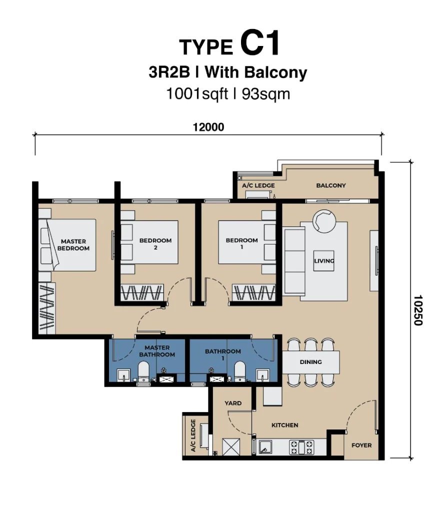 The Lighthauz Type C corner floor plan — 3-bedroom 1,001 sqft, Gelugor Penang