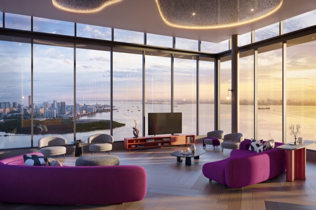 Artist's impression of The Lighthauz sky lounge with floor-to-ceiling sea-view windows