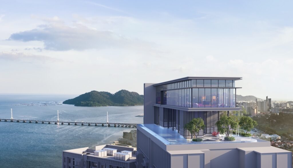 Artist's impression of The Lighthauz rooftop facilities overlooking the Penang Bridge